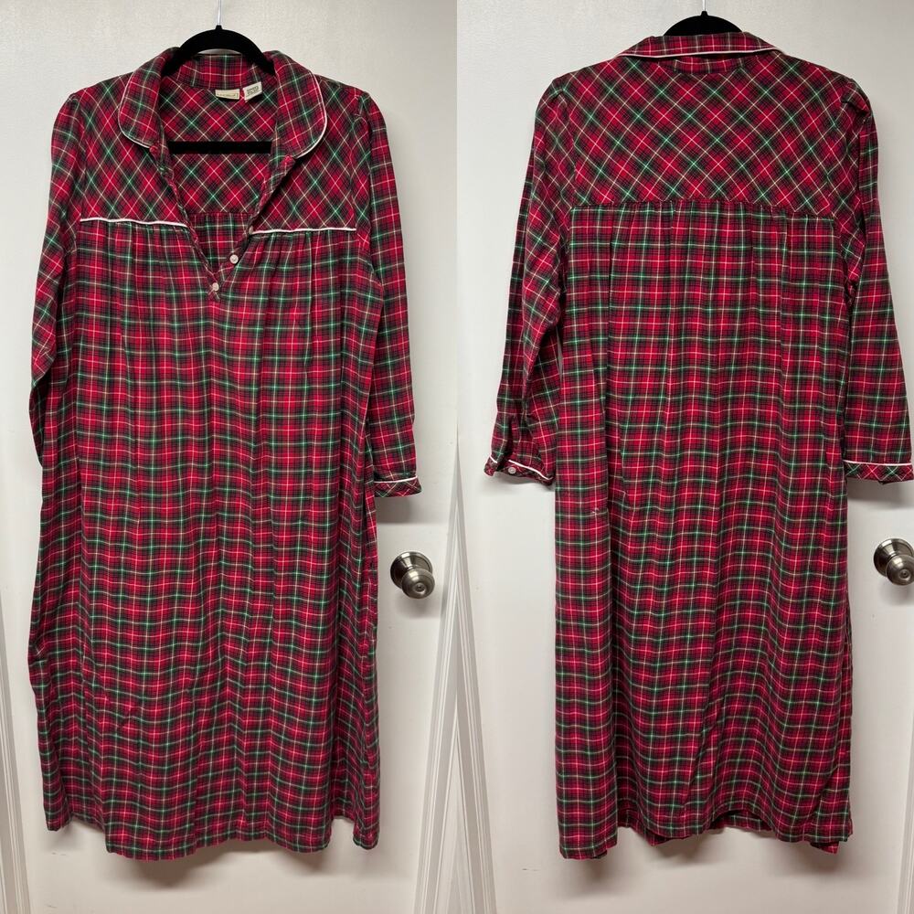 LL Bean Womens Long Flannel Night Dress Gown Red Green White Plaid Size Medium